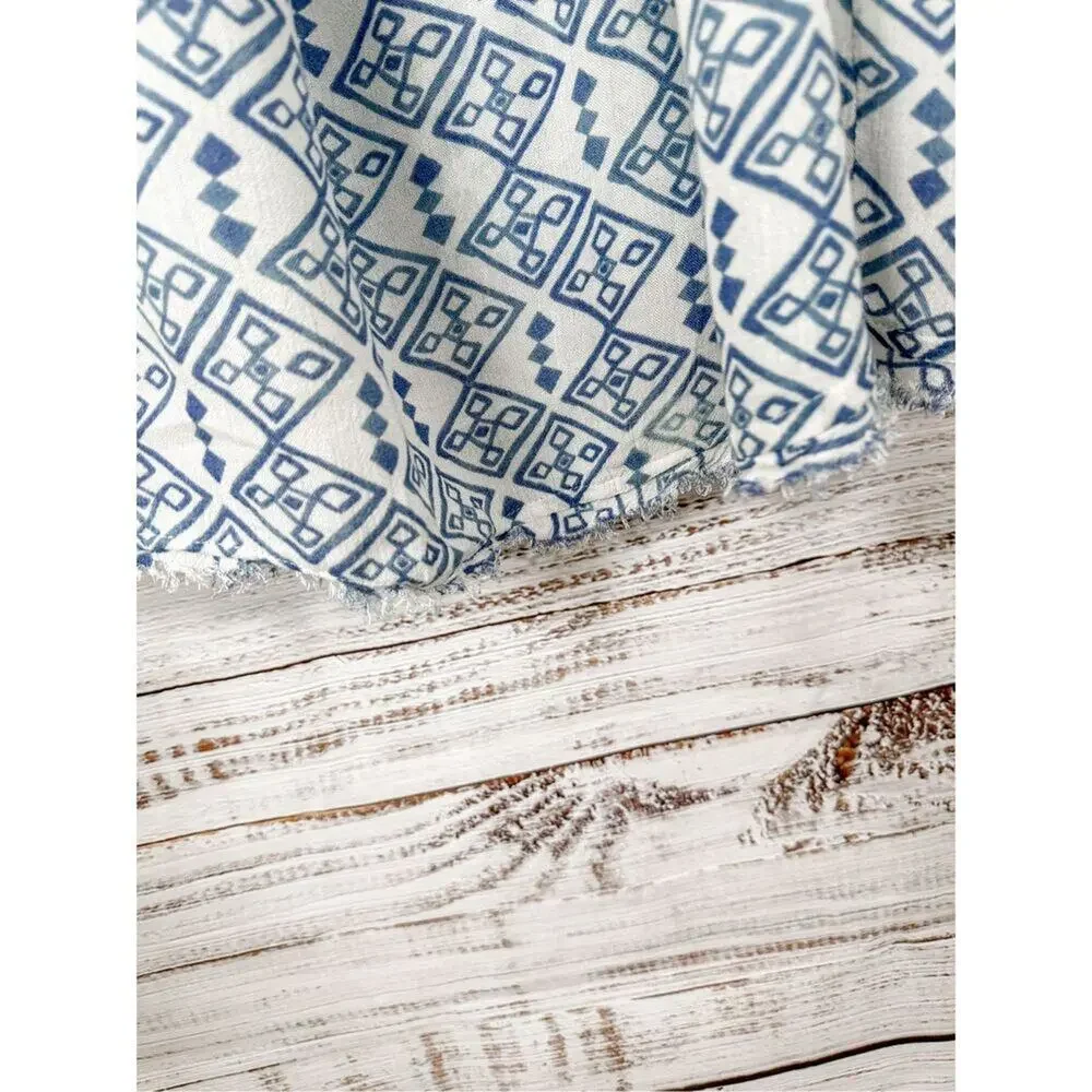 Free People Women's Geometric Long Sleeve Boho Mini Dress White Blue Small